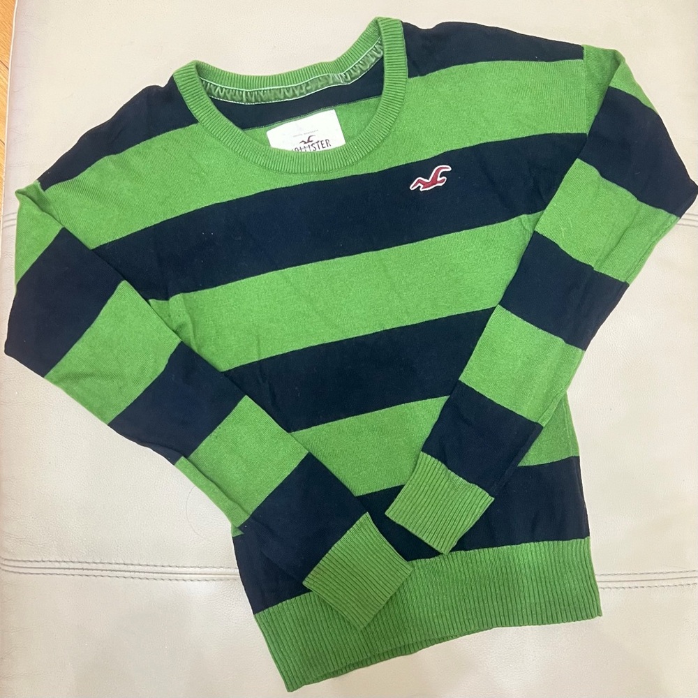 Hollister Navy and Lime Striped Sweater
